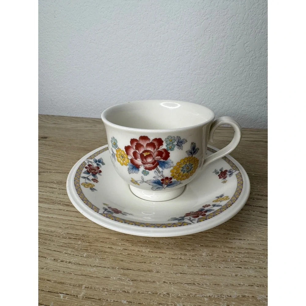 Noritake Versatone Kashmir 9303 Tea Cup and Saucer Set Vintage Floral Stoneware‎